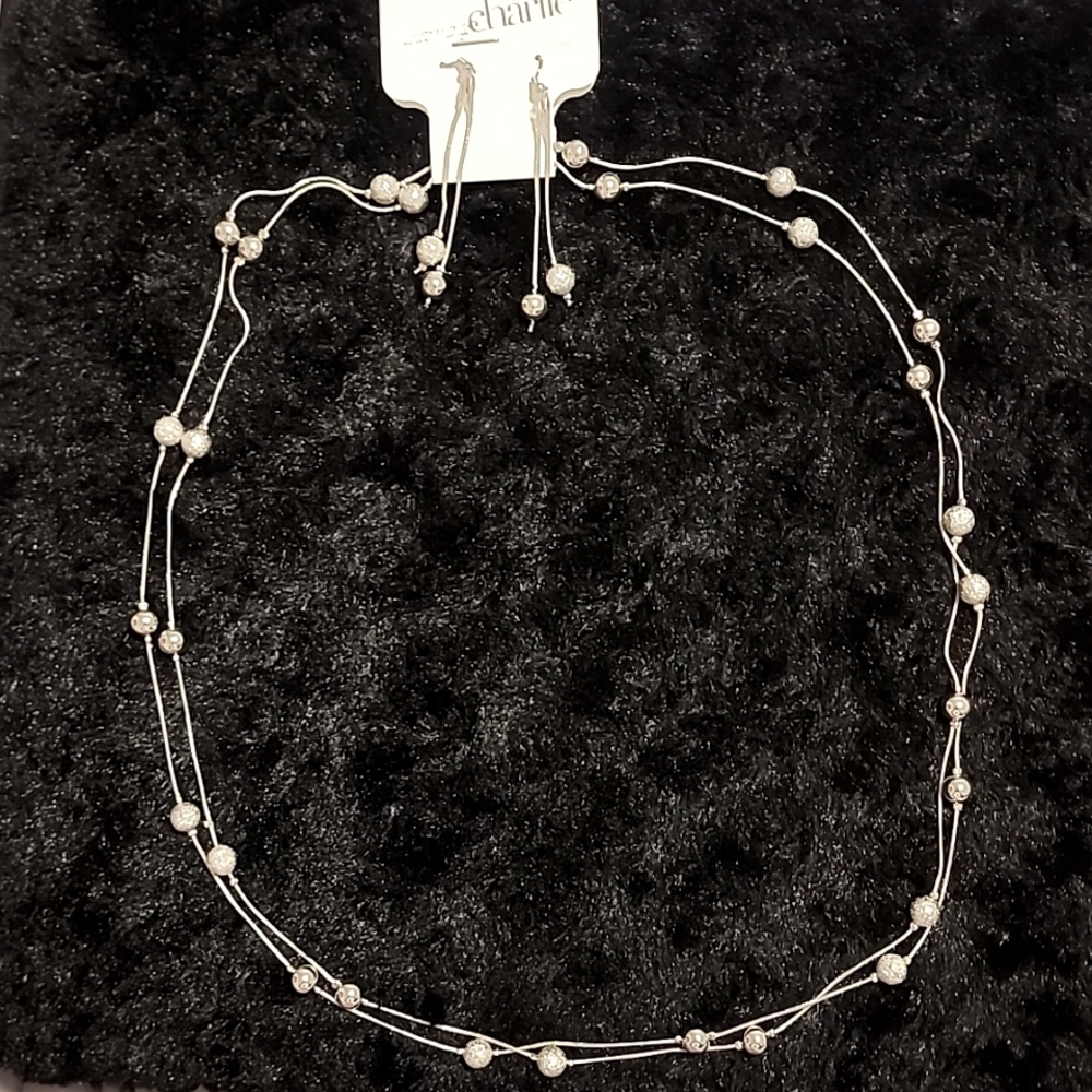 Silver Costume Double Strand Necklace with Silver& Sparkle Balls & Earrings
